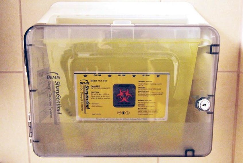 A safe needle disposal box. 