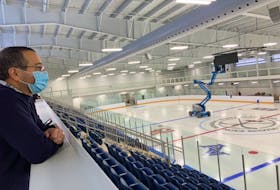 Mayor Abraham Zebian watches as the scoreboard is installed at the new arena. The yet-to-be-named West Hants sports complex opened to the public Nov. 6 with the Valley Maple Leafs’ home opener.