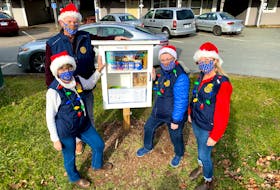 Rotary Club of New Minas Sunrise members Axel Nafthal, Heather Hennigar, Holly Thompson and Susan Campbell-Baltzer with the club’s first “little pantry”, located on Highland Avenue. CONTRIBUTED