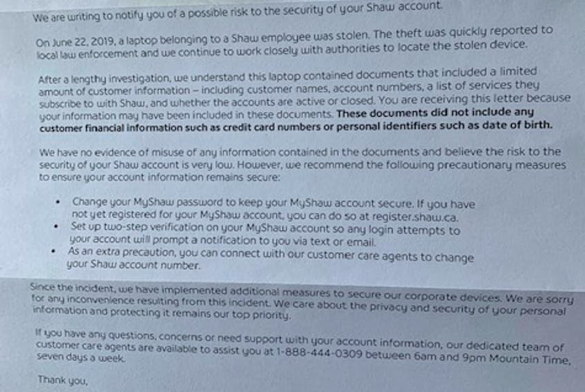 A letter from Shaw to customers regarding a June 2019 data breach is seen. 