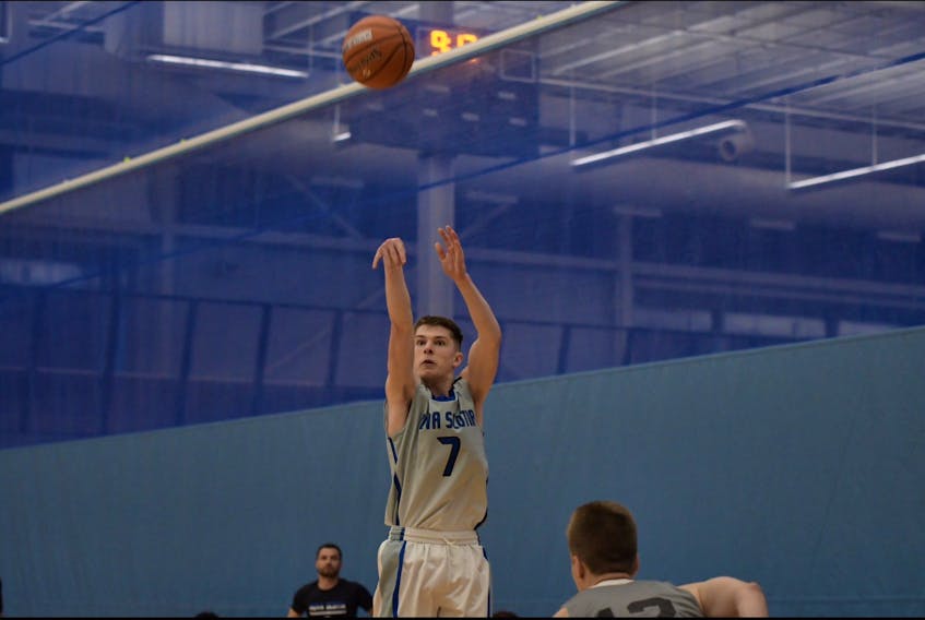 Nova Scotia’s Jonah Crowther puts up a shot against Saskatchewan during a game at the Canadian under-17 boys’ championship in Fredericton on Wednesday. (BASKETBALL NOVA SCOTIA)