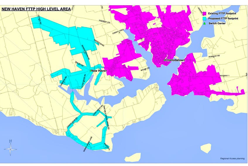 A map of planned improvements to broadband coverage in the New Haven area. Bell Canada plans to bring households in the blue areas up to the CRTC broadband standard of 50 mb/s download and 10 mb/s upload speed by January 2021.
-Department of Economic Growth, Tourism and Culture