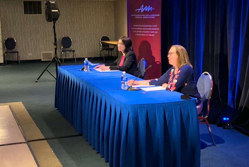 Newfoundland and Labrador Medical Association president Dr. Charlene Fitzgerald (right) and president-elect Dr. Lynette Powell speak to reporters Tuesday at the Holiday Inn in St. John’s.