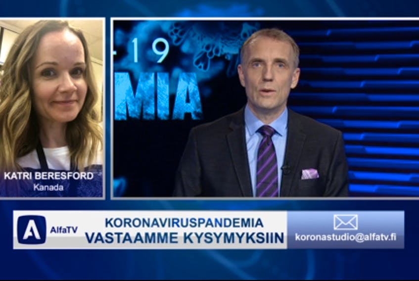 Holy Heart of Mary High School teacher Katri Beresford appeared on the Finnish current affairs TV program "KoronaStudio" with host Tomi Linblom to discuss Newfoundland and Labrador English School District's virtual choir rendition of "O Canada." — SCREENGRAB