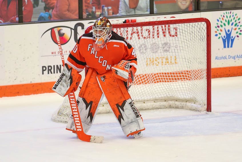 Goaltender Zack Rose of Paradise is helping a strong Bowling Green University team win in a tough NCAA college hockey division this season. The undrafted goaltender is hoping to catch the eye of NHL scouts. Bowling Green University photo
