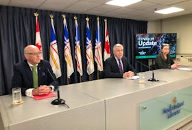 (From left) Health aMinister John Haggie, Premier Dwight Ball and Chief Medical Officer Dr. Janice Fitzgerald hold their daily COVID-19 update Friday in St John's. JOE GIBBONS/THE TELEGRAM