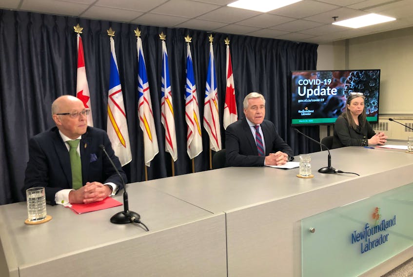 (From left) Health aMinister John Haggie, Premier Dwight Ball and Chief Medical Officer Dr. Janice Fitzgerald hold their daily COVID-19 update Friday in St John's. JOE GIBBONS/THE TELEGRAM