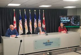From left, Health Minister John Haggie, Premier Dwight Ball, and Chief Medical Officer Dr. Janice Fitzgerald brief reporters in St. John's Wednesday on the latest COVID-19 developments.