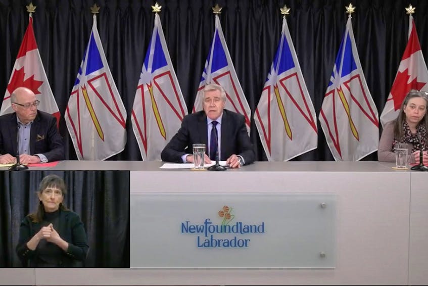 Appearing for the province’s Tuesday, April 28, 2020 COVID-19 pandemic update are (from left): John Haggie, Minister of Health and Community Services for Newfoundland and Labrador; Dwight Ball, Premier of Newfoundland and Labrador; and Dr. Janice Fitzgerald, Chief Medical Officer of Health for Newfoundland and Labrador. Inset image shows sign language interpreter Sheila Keats.
