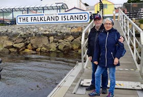 Stanley and Linda Laite of St. John's are onboard the Holland America, which has been stranded at sea amid the COVID-19 pandemic. The photo shows them in the Falkland Islands. CONTRIBUTED