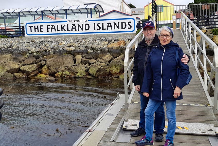 Stanley and Linda Laite of St. John's are onboard the Holland America, which has been stranded at sea amid the COVID-19 pandemic. The photo shows them in the Falkland Islands. CONTRIBUTED