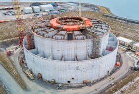 The West White Rose concrete gravity structure in December 2019 with all four of its lower quadrants in place. Husky Energy is now reviewing the project's future. 
 — Photo courtesy Husky Energy