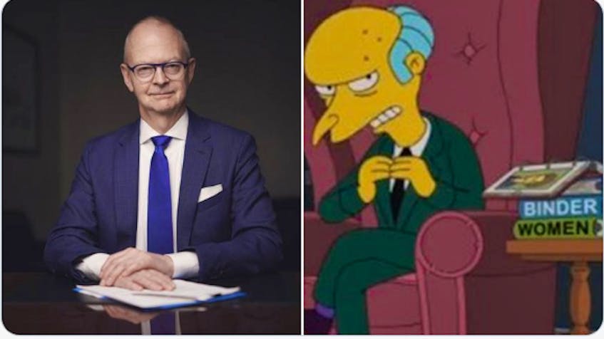 Progressive Conservative Leader Ches Crosbie and Springfield nuclear plant owner Monty Burns were paired in DuBourdieu’s character breakdown. Photo courtesy Twitter 