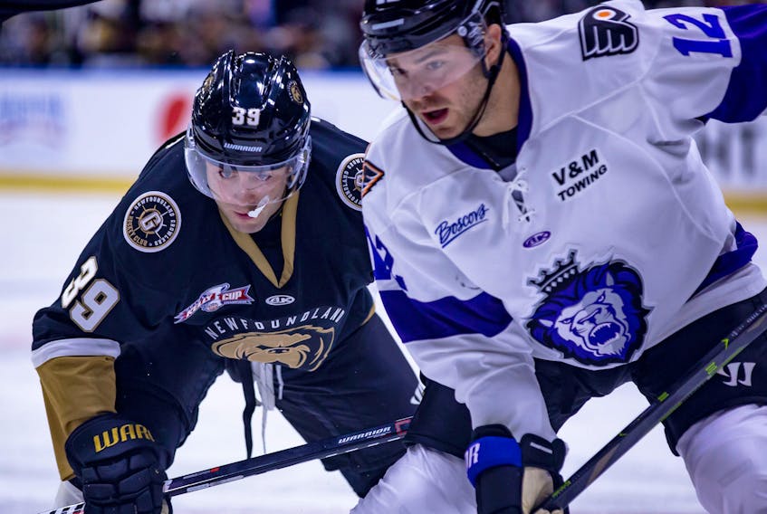 Newfoundland Growlers rookie forward Colt Conrad (left) jostles with the Reading Royals’ Steven Swavely during an ECHL game at Mile One Centre earlier this season. Conrad, who had been on recall to the AHL’s Toronto Marlies the last couple of weeks, has been returned to the Growlers, who begin a three-game weekend road trip against the Royals tonight in Reading, Pa. — Newfoundland Growlers photo/Jeff Parsons