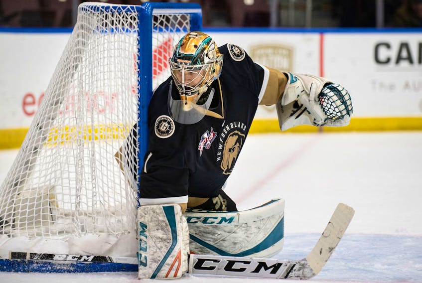 Goaltender Parker Gahagen is continuing his climb through the ranks in minor professional hockey. Gahagen, who started the season in the Southern Professional Hockey League before joining the ECHL’s Newfoundland Growlers, has been called up by the AHL’s Toronto Marlies. — Newfoundland Growlers photo/Joe Chase
