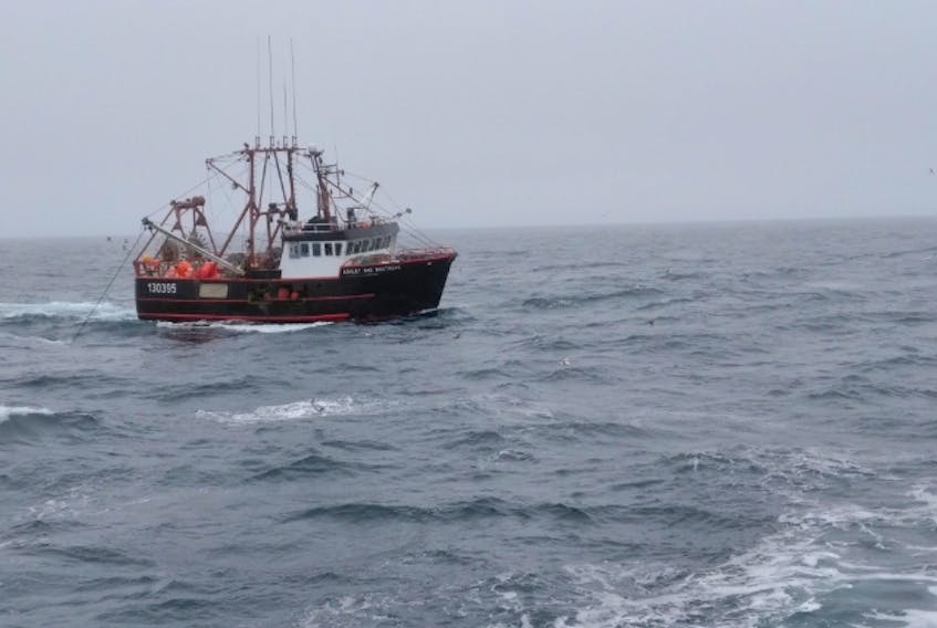 A fishing boat from the Great Northern Peninsula, from the 4R fleet, at sea during the 2019 shrimp fishing season.
