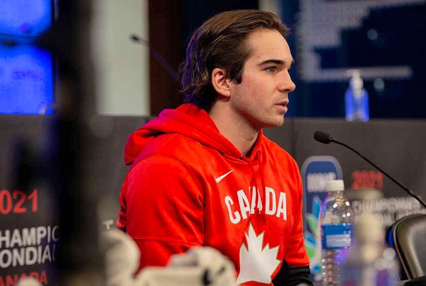 Alex Newhook, shown during a media briefing during the recent world junior championship in Edmonton, is back in Boston, where it remains to be seen when he'll play his first game of the season with the Boston College Eagles.— Matthew Murnaghan/Hockey Canada