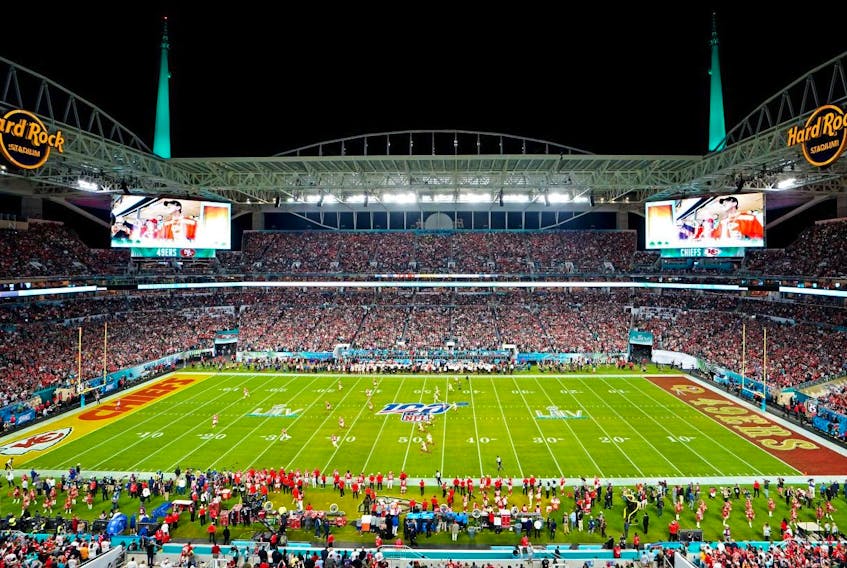 An overall view during the opening kick of Super Bowl LIV between the San Francisco 49ers and the Kansas City Chiefs at Hard Rock Stadium. (Kirby Lee-USA TODAY Sports)