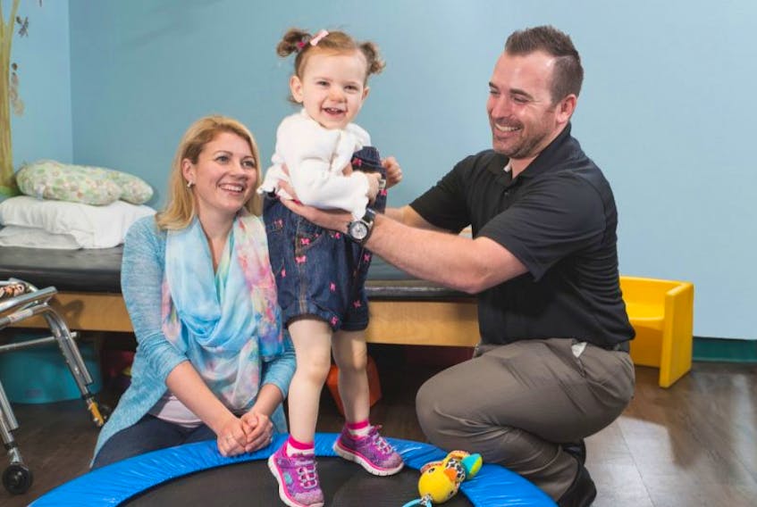 Open Hospital Day will give the community a chance to see their donations at work, like in the hospital’s Pediatric Rehabilitation Department, where a new trampoline and child-size walkers are helping patients like Bria Dort, who is pictured with her parents Kara and Matthew.