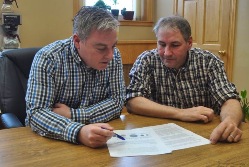 Business development officer Frank MacFarlane and town councillor John Guthro go over plans for an upcoming virtual job fair the Town of New Glasgow is hosting on April 28.