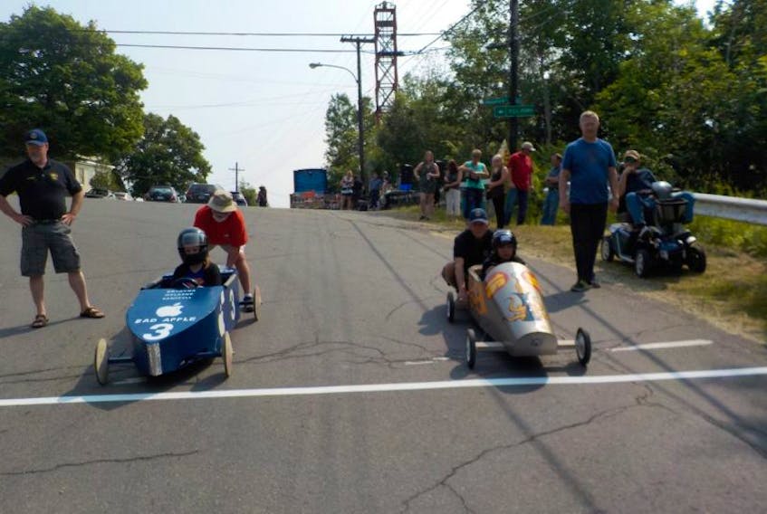 Entrants coast down Battery Hill in Pictou in a past soapbox derby.
