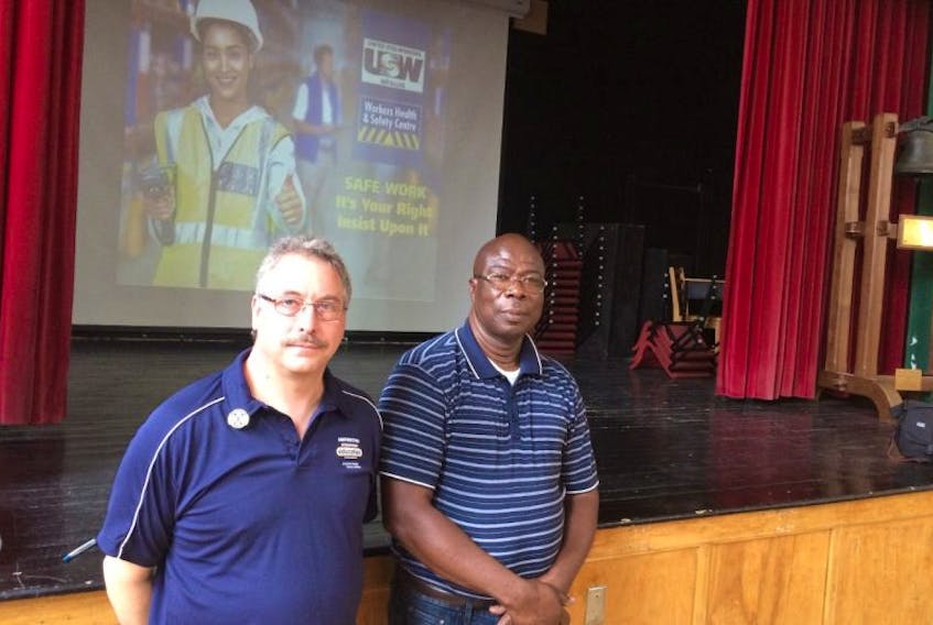 Chris Carpenter, left, and Devon Byfield, both health and safety instructors with the United Steel Workers District 6, gave heath and safety presentations at the county’s three high schools Monday on the eve of the 25th anniversary of the Westray Mine explosion.