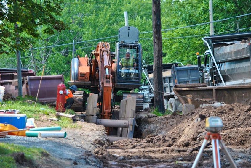 Work continues on Acadia Avenue in Stellarton, with sewer line installation expected to be completed by early September. 