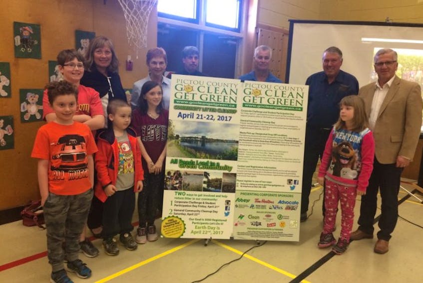 Students and staff at Salt Springs Elementary School helped kick off the Go Clean Get Green campaign taking place April 21 and 22 in Pictou County.   In attendance for the event were, from the front, left: Liam Bradley, Gage MacNeill, Violet MacCullough and Maggie Muir.  Back, left: Jaykus Rushton, New Glasgow Mayor Nancy Dicks, Pictou County Solid Waste representative Susan MacDonald, Principal Rob Nelson, Westville Mayor Roger MacKay, Pictou County Warden Robert Parker and Pictou Mayor Jim Ryan. 