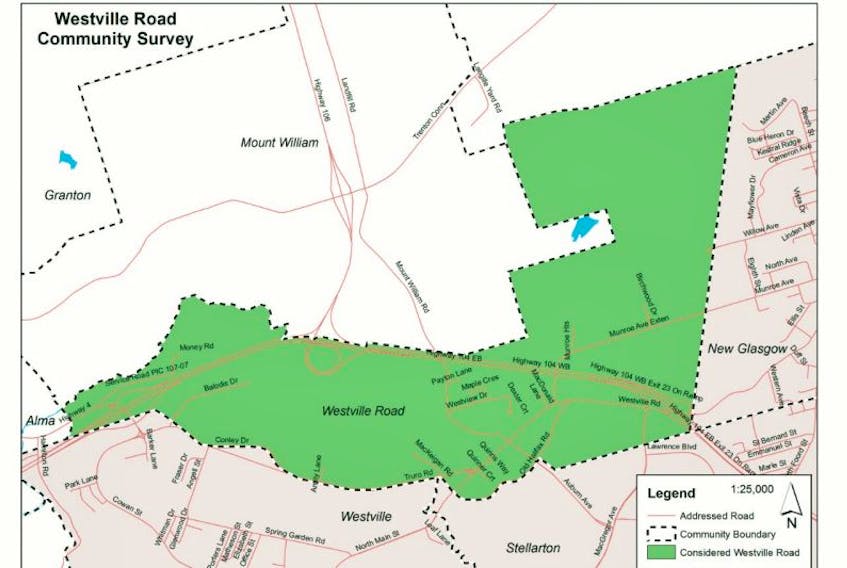 This map shows the community called Westville Road, shaded in green. County council recently passed a motion to rename the Mount William Road portion to Mount William.