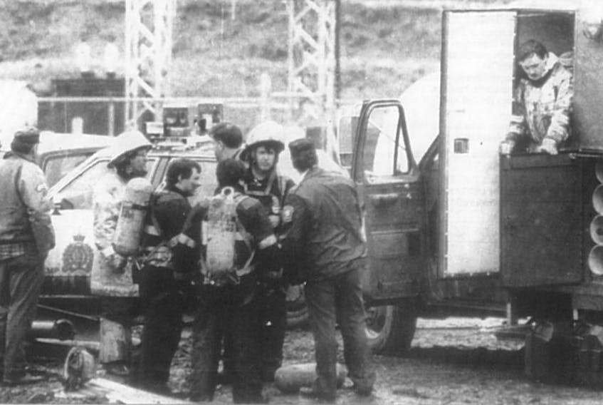 This photo, which first ran in The Evening News on May 10,1992, shows draegermen who rushed to the mine site in Plymouth to help in the rescue attempt for 26 miners trapped at Westray.