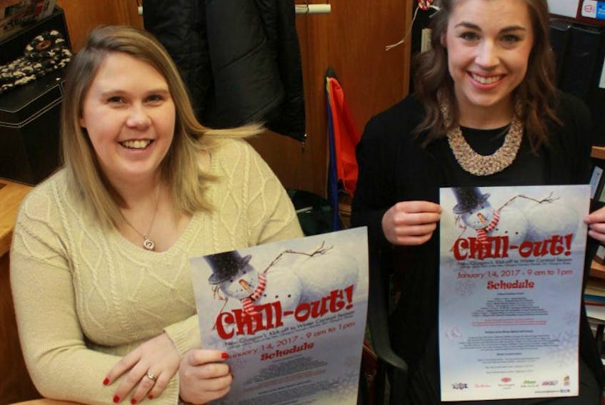Janine Linthorne and Emily Morton-Fraser, who both work for the Town of New Glasgow, show off posters for the Chill-Out event scheduled for Jan. 14 from 9 a.m. to 1 p.m. at the New Glasgow Farmers Market.