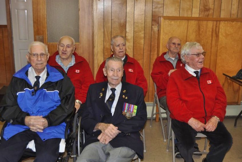 Six veterans from the Second World War attended the Battle of Atlantic Service held Sunday at Bethel Presbyterian Church in Pictou Landing. In back from left are: Harold Hemmings, Matt Young and Hector MacKenzie. In front from left: Allister Thompson, Earl Holt and Russell McKinley. 