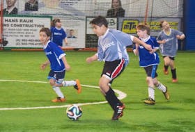 Youth soccer players during a scrimmage at the William M. Sobey Sports Complex in Stellarton as part of the Active Pictou County soccer program. Approximately 60 children take part in games on Mondays and Tuesdays as part of the program, which runs until March Break.