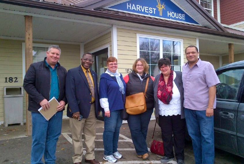Local members of a steering committee looking for a replacement for the LifeShelter visited a shelter in Moncton. From right: Bruce Borden, worker at Harvest House; Karen MacPhee, steering committee; Vania MacMillan, steering committee; Heather Lynch, steering committee; Rev. Moses Bola Adekola, steering committee; Paul Vanderlaan, steering committee. Missing from photo is steering committee member Blake Storey.
