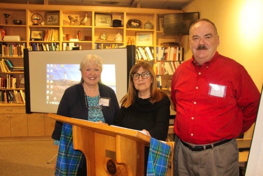 Taking part in the workshop at McCulloch House Museum and Genealogy Centre, from the left are: Donna Bullerwell, president of the Pictou County Genealogy and Heritage Society, Rubenstein and Faus Johnson, chair of CHAD Transit.