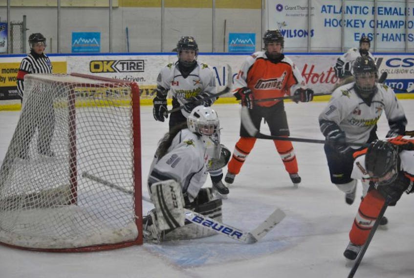 The Northern Subway Selects, who were representing Nova Scotia, defend their net during a match-up against The Western Warriors, the team playing for Newfoundland and Labrador, on Saturday. 