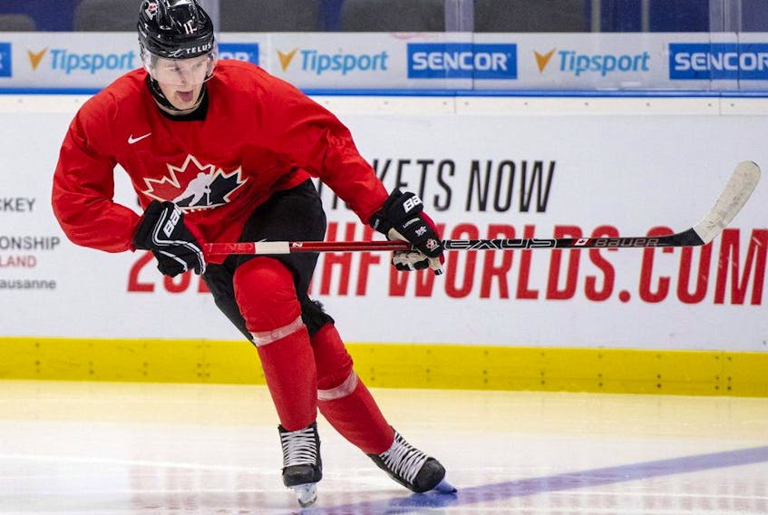 Canada's Alexis Lafreniere during  practice at the World Junior Hockey Championships in Ostrava, Czech Republic. 
