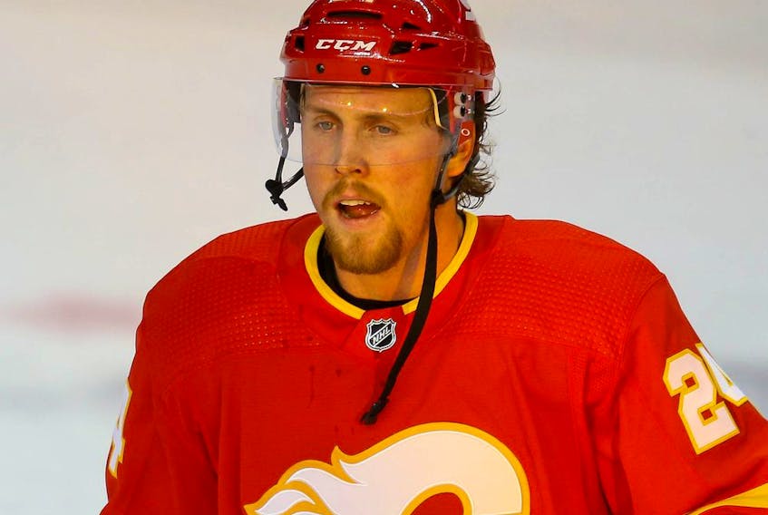 Calgary Flames Brett Ritchie during warm-up before an intrasquad game at NHL training camp in Calgary on Monday January 11, 2021. Al Charest / Postmedia