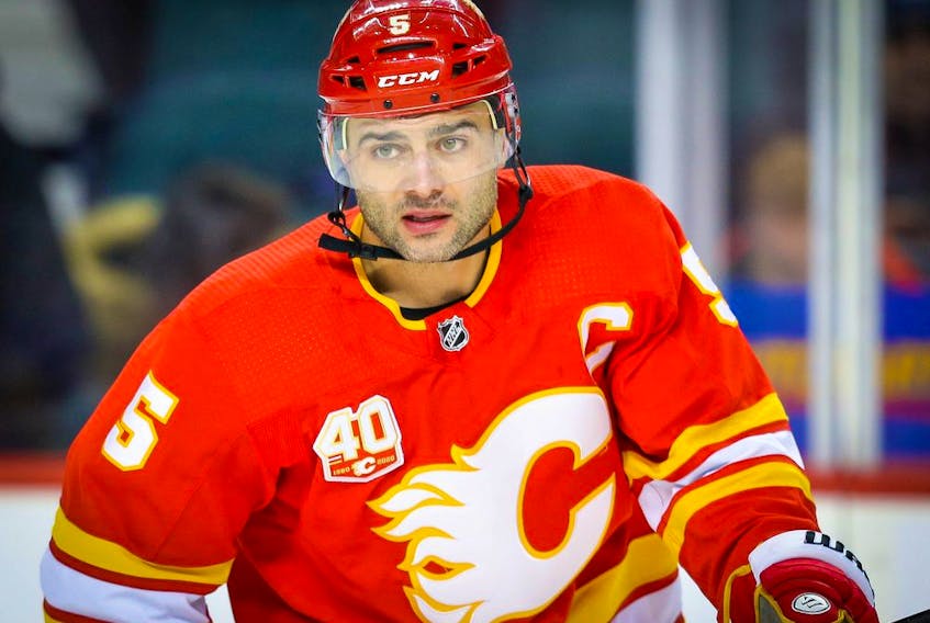 Calgary Flames' Mark Giordano during warm-up before facing the Chicago Blackhawks during NHL hockey in Calgary on Tuesday December 31, 2019. Al Charest/Postmedia