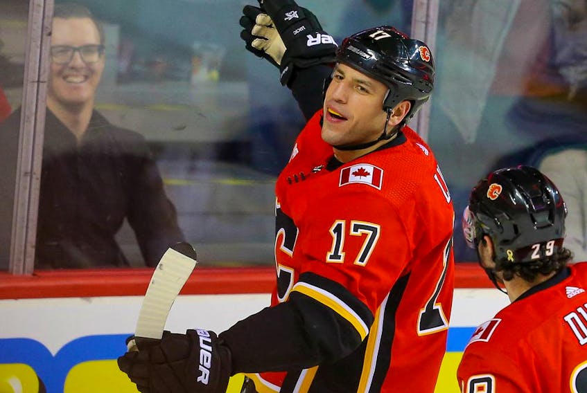 The Calgary Flames' Milan Lucic celebrates after scoring a goal against the Buffalo Sabres at the Scotiabank Saddledome on Dec. 5, 2019. Al Charest / Postmedia