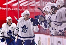 Toronto Maple Leafs centre Auston Matthews celebrates his goal against the Montreal Canadiens Saturday at the Bell Centre in Montreal.

