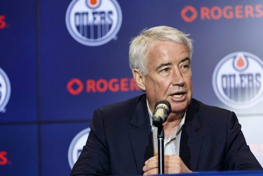 Edmonton Oilers CEO  Bob Nicholson speaks during a media conference at Rogers Place in Edmonton, on Monday, April 8, 2019. 