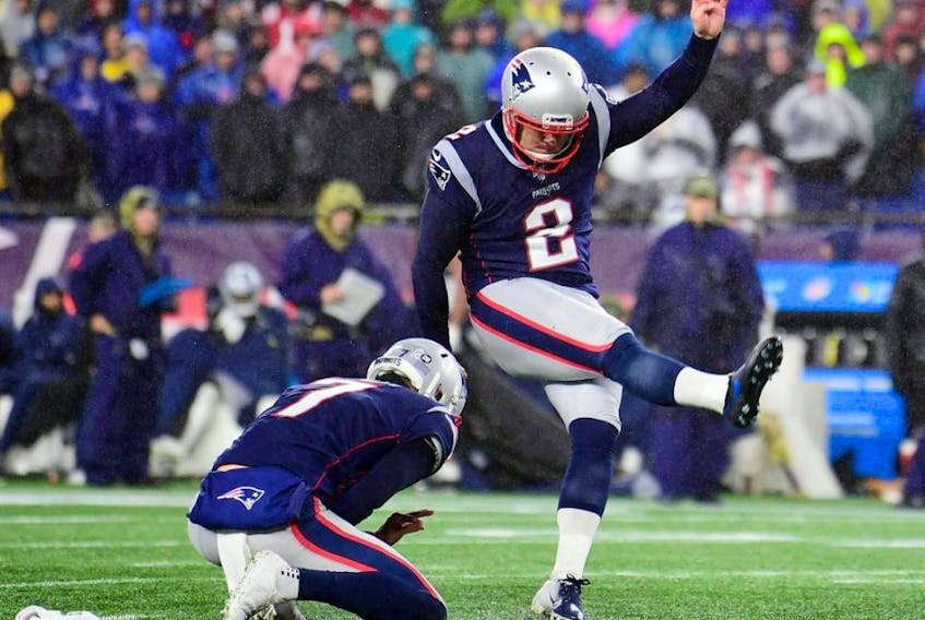 Patriots kicker Nick Folk makes a field goal during the fourth quarter against the Cowboys at Gillette Stadium in Foxborough, Mass., on Nov. 24, 2019.