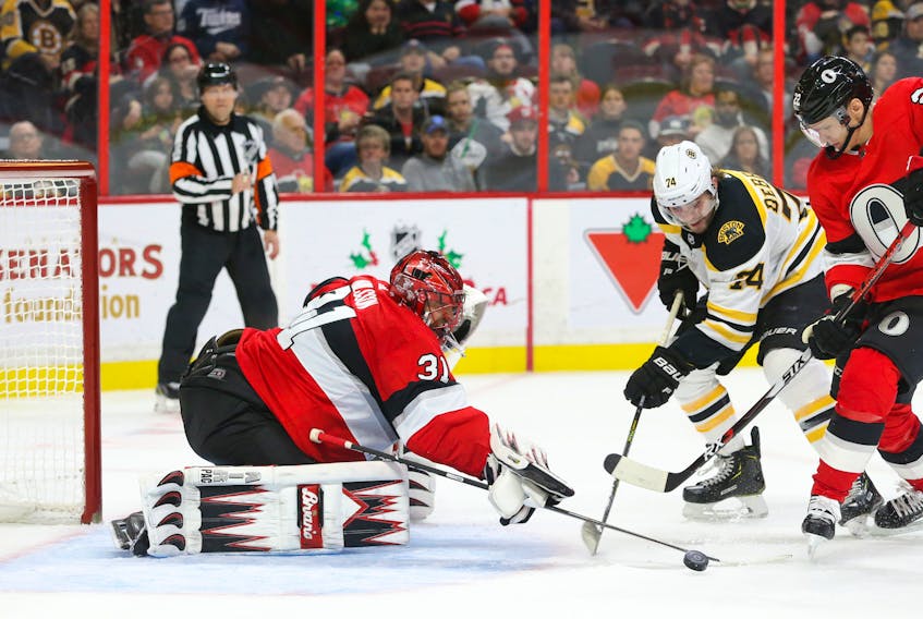 Senators goalie Anders Nilsson makes a save against the Boston Bruins on Monday night at the Canadian Tire Centre. (Jean Levac/Postmedia Network)