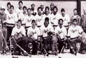 ["Members of the Corner Brook Royals' 1986 Allan Cup-winning team (Note: roster includes players who suited up during the regular season, but did not see action in the Allan Cup): Coach Mike Anderson, assistant coach Terry Gillam, manager Paul Hicks, general manager Cliff Gorman, Robbie Forbes, Gilbert Longpre, Ken Mercer, Todd Stark, Darryl Ulrich, Tim Cranston, Mark Jeffries, Dave Matte, Tony Cuomo, Dan Cormier, Stan Hennigar, Mac Tucker, Bill Breen, Bob O'Neill, Craig Kennedy, Byron Rideout, Kevin McCarthy, Kevin Lundrigan, Ray Baird, Don Bennett, Steve Gallant, Gus Greco, Gerry Barry, Sheldon Currie, Cal Dunville, Steve McKenzie and Dan Longe."]