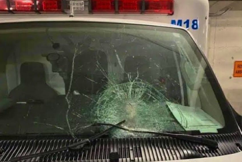The windshield of this Eastern Health ambulance was smashed last Thursday evening, when someone threw a brick at it while paramedics were en route to an emergency situation. CONTRIBUTED