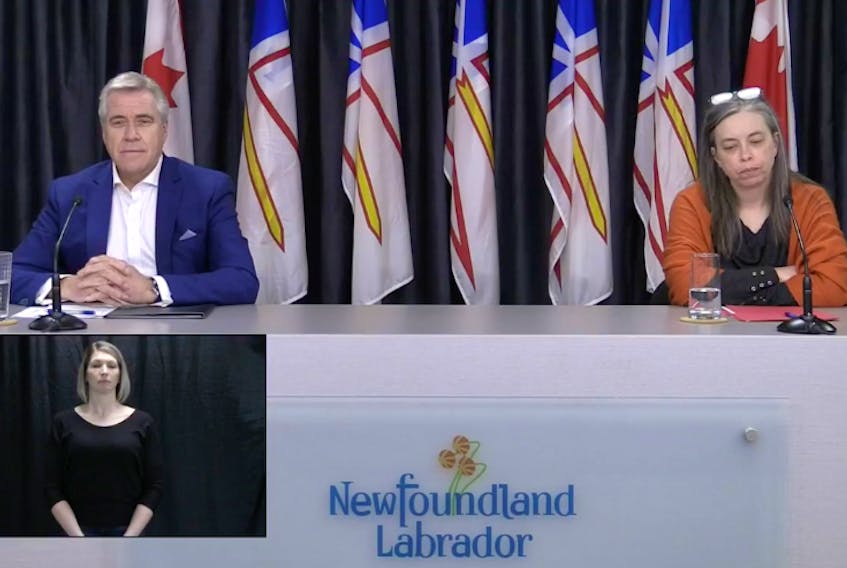 Premier Dwight Ball, chief Medical officer Dr. Janice fitzgerald and Minister of Health John Haggie (not pictured) provide an update on COVID-19 cases in the province on Sunday. -COMPUTER SCREENSHOT