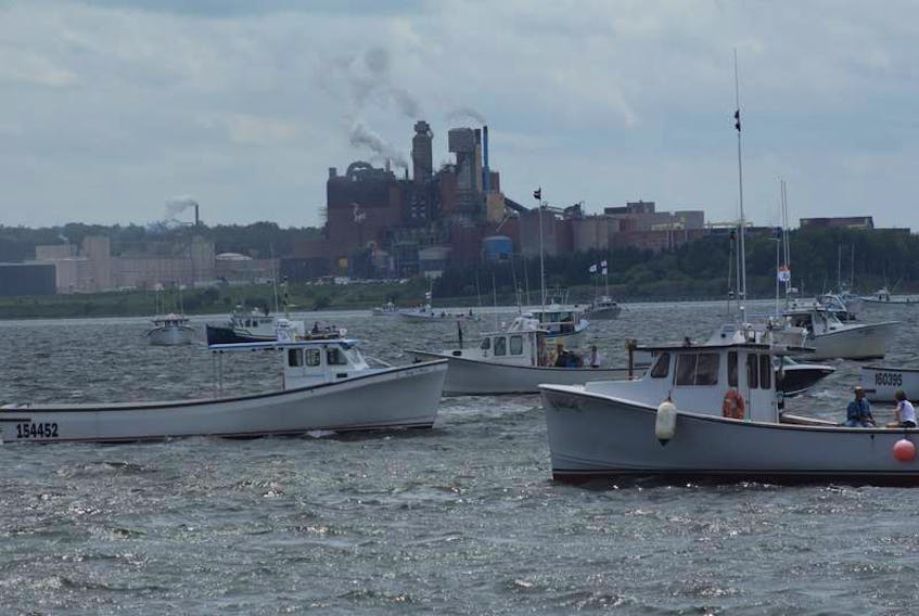 Protesters take to the seas for the #NoPipe Land and Sea Rally in July 6, 2018. The Northern Pulp mill at Abercrombie Point is seen in the background.