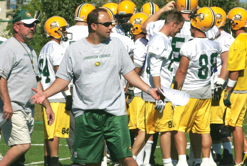 Then-Eskimos special teams co-odinator and defensive backs coach Noel Thorpe takes part in a practice at Clarke Park in this file photo from August 6, 2008. Thorpe is returning as the club's defensive co-ordinator in the upcoming season.