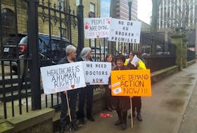 Nova Scotia Healthcare Crisis group members Janie Andrews, Joan Hawkin, Cindy Moxson, Sabrina Parks and Leslie Tilley protest outside of the Nova Scotia Legislature. CONTRIBUTED